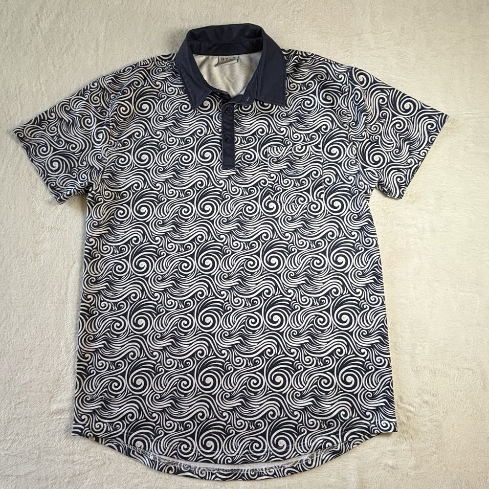 BYLT Premium Basic Size L Navy And White Swirl Print Golf  Polo Shirt  Preppy